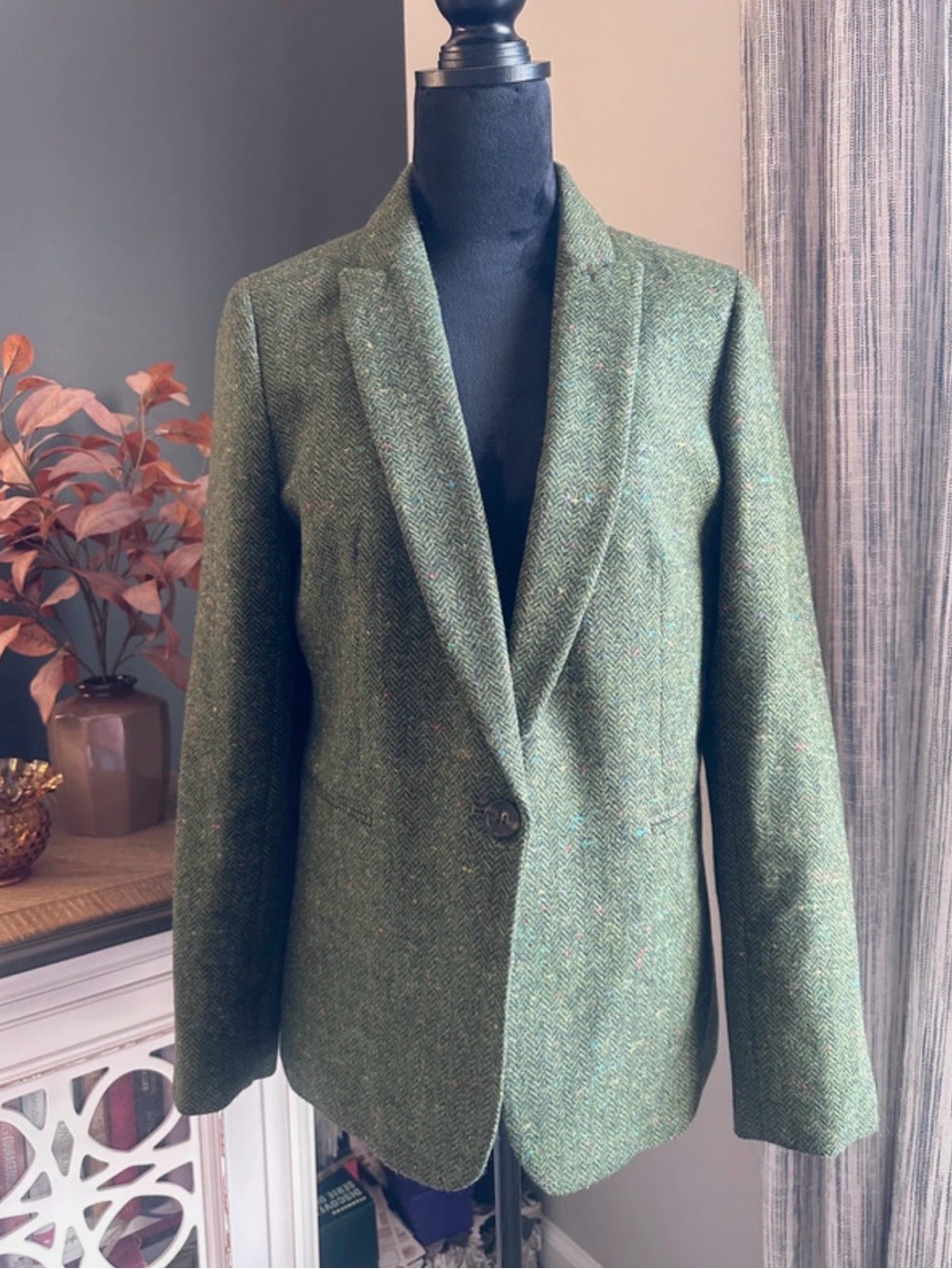 J. Crew Green Tweed Single-Button Blazer
